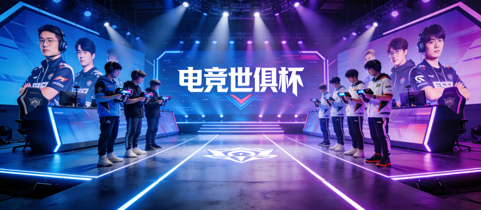 电竞世俱杯主舞台全景，两支战队选手在灯光下准备开赛